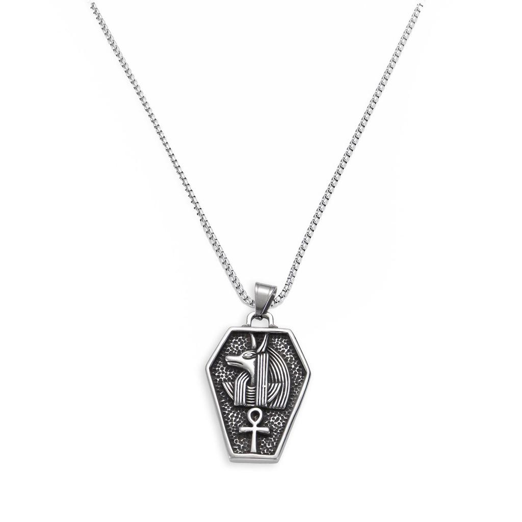 Men's Vintage Anubis Pendant Necklace with Stainless Steel Sarcophagus Design and Long Box Chain