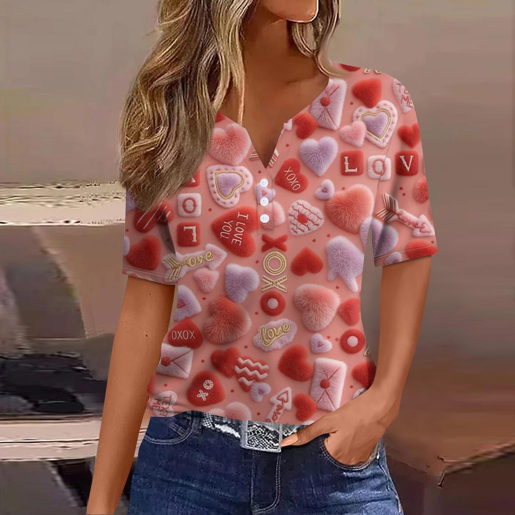 Women's Fashion Casual V,Neck Short,Sleeve T,Shirt With Decorative Buttons And Valentine's Day Print Top