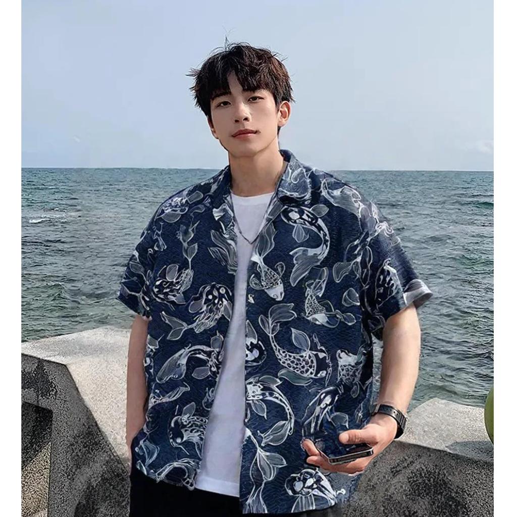Stabbon Floral White Short Sleeve Aloha Goldfish Stylish Japanese Hawaiian Open Ultra Breathable Men's Shirt, Summer/Spring Wear, Print, Beachwear,