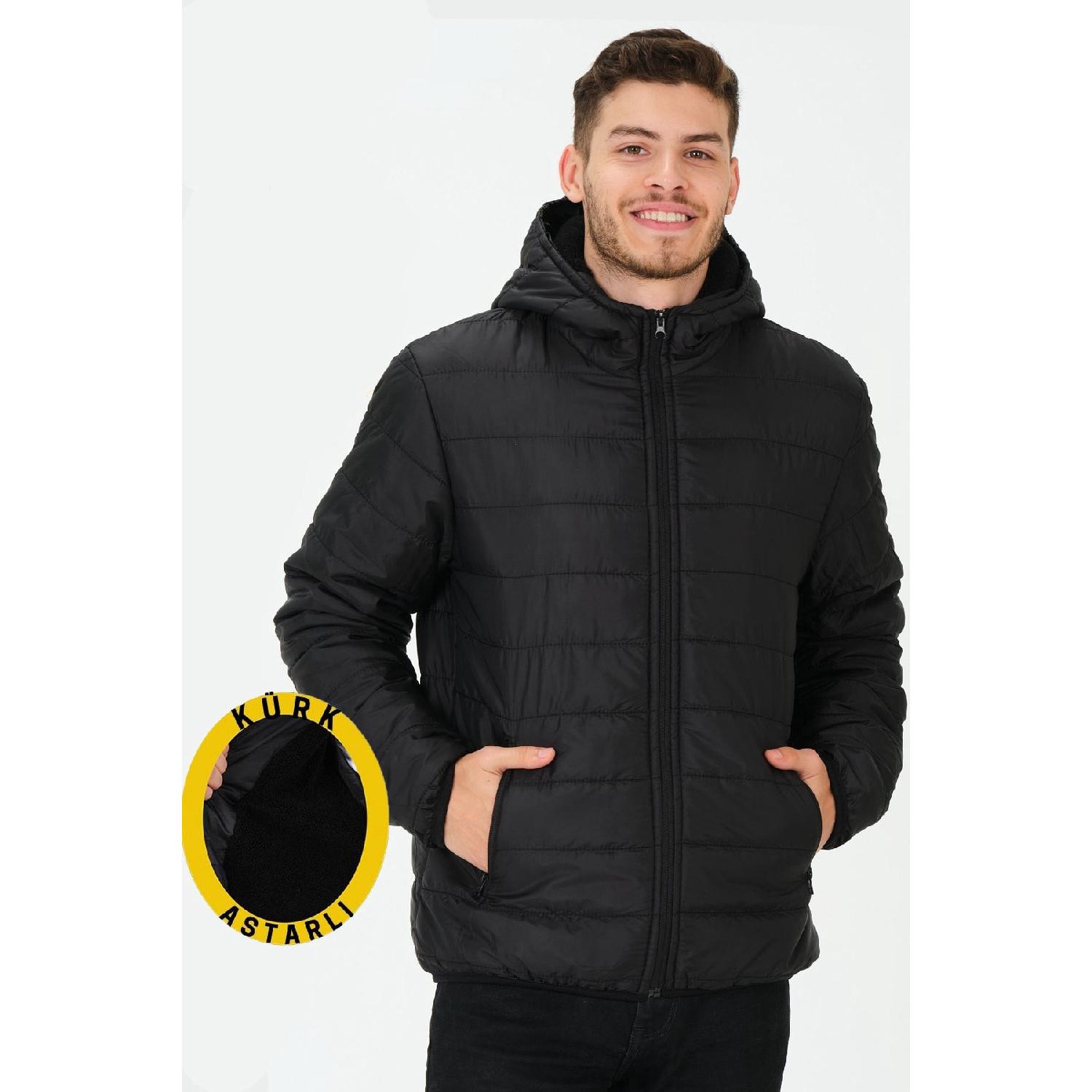 

Slim Fit Fur Lined Hooded Puffer Coat Men L чорний