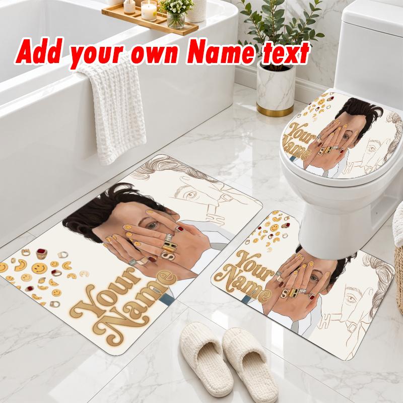 Personalized Harry Styles 3Pcs Flannel Toilet Mat Set Custom Text Bathroom Rug Non Slip