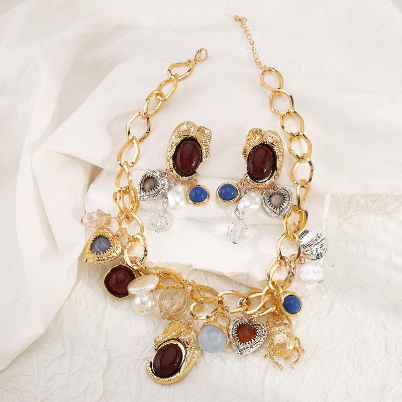 Retro Luxuriou Necklace Earrings Set Bohemian Resin Gemstone Beaded Jewelry For Women Party Gift