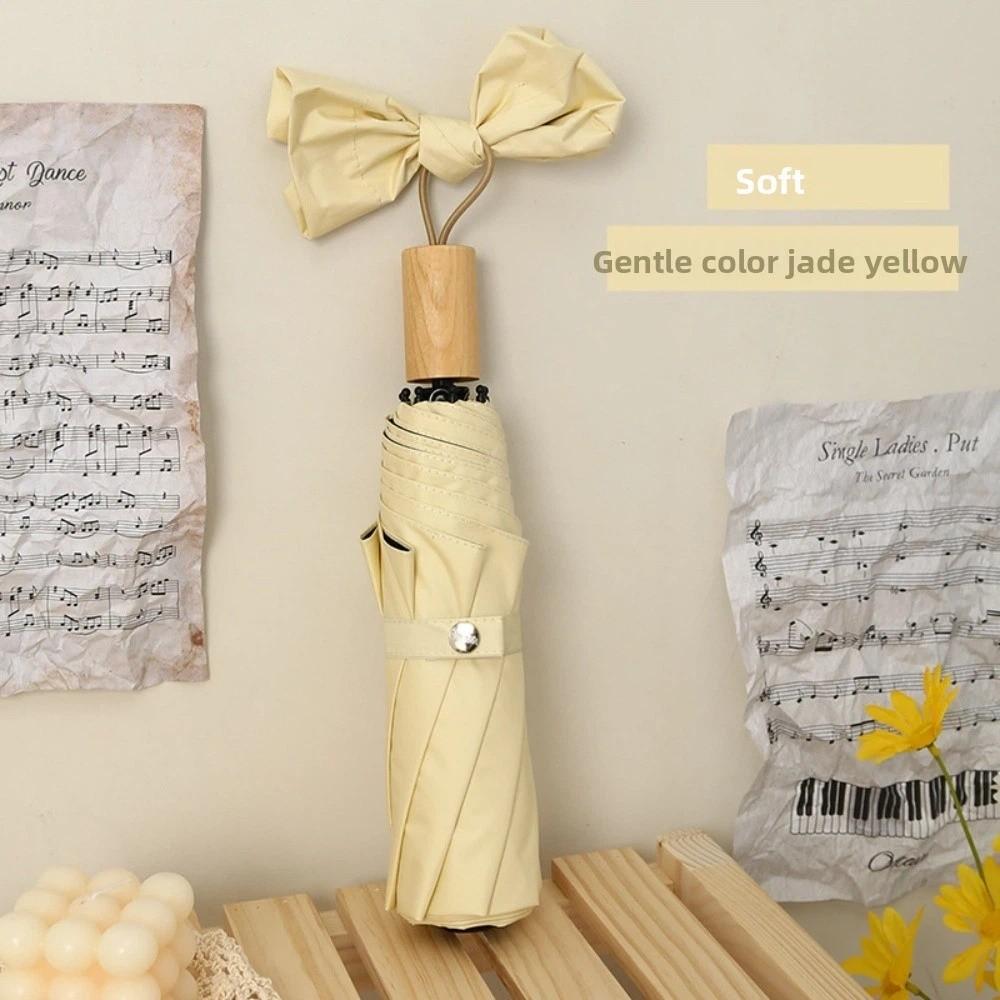 Solid Color Sunscreen Umbrella Wooden Handle Folding Sun Umbrella Rain Umbrella  Outdoor