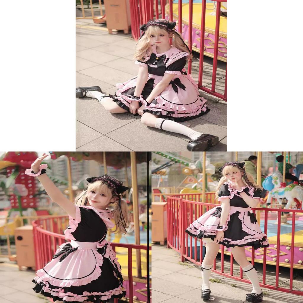 Costume da Maid Lolita Giapponese con Orecchie da Gatto per Cosplay Anime e Outfit da Ragazza Dolce