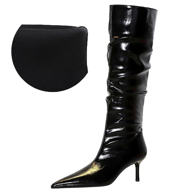 Autumn winter shoes knee-high boots Women patent leather Ladies' boots Stiletto Heels 5.5 cm Women Wrinkled tube Long boots New