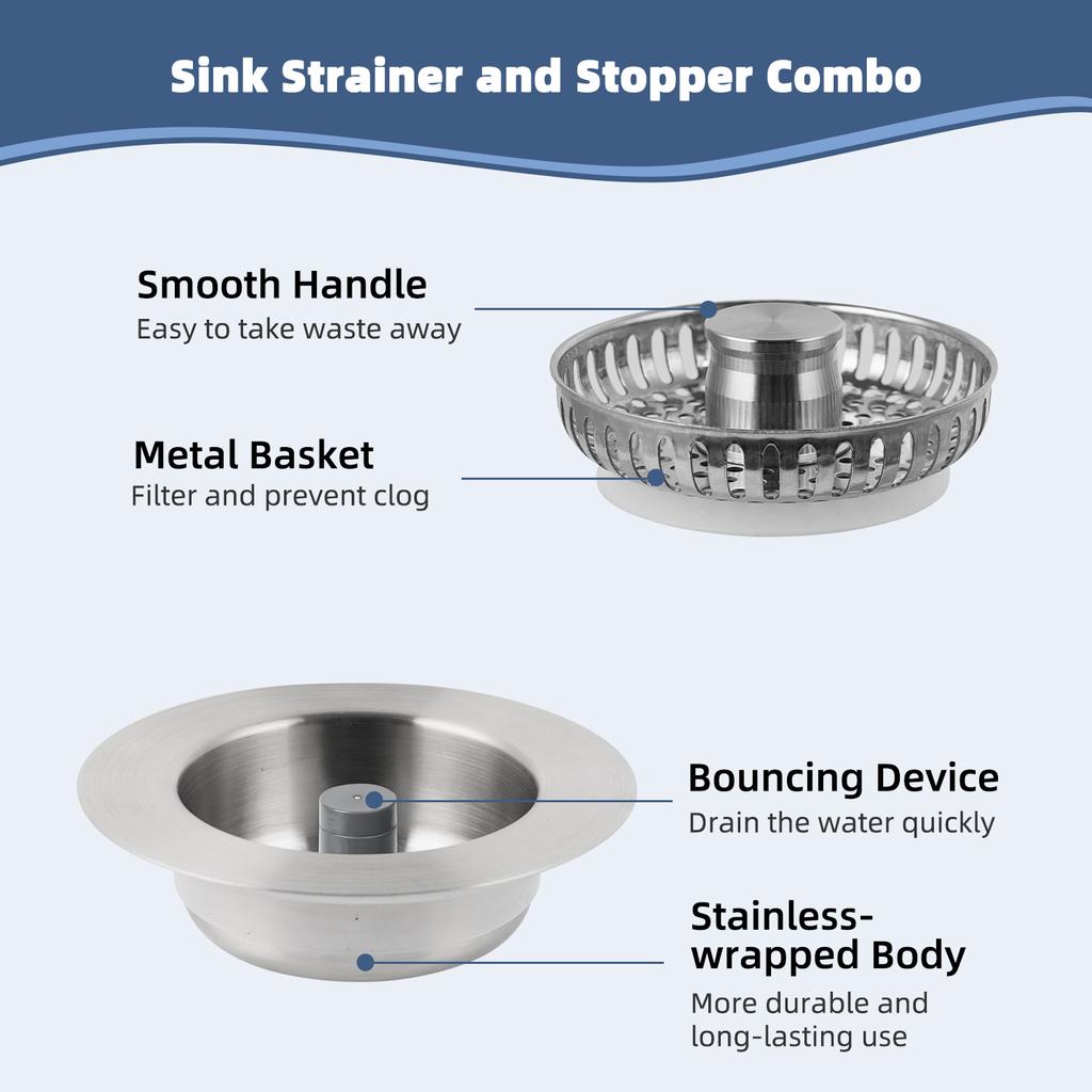 All Metal Kitchen Sink Strainer Stopper Combo - Stainless 3-in-1 Pop Up Sink Drain Strainer for Standard 3-1/2 Inch Drain Filter