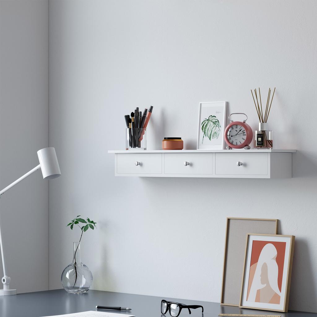SONGMICS Floating Wall Shelf with 3 Drawers, Hallway Storage Shelf, 80 x 15 x 10 cm, Living Room, Bedroom, Kitchen, High Gloss Paint, White