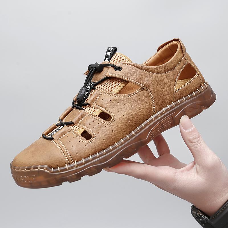 Outdoor Men Sandals Summer Genuine Leather Mesh Walking Casual Sandals Non-slip Hiking Trekking Shoes Beach Mens Shoes Big Size