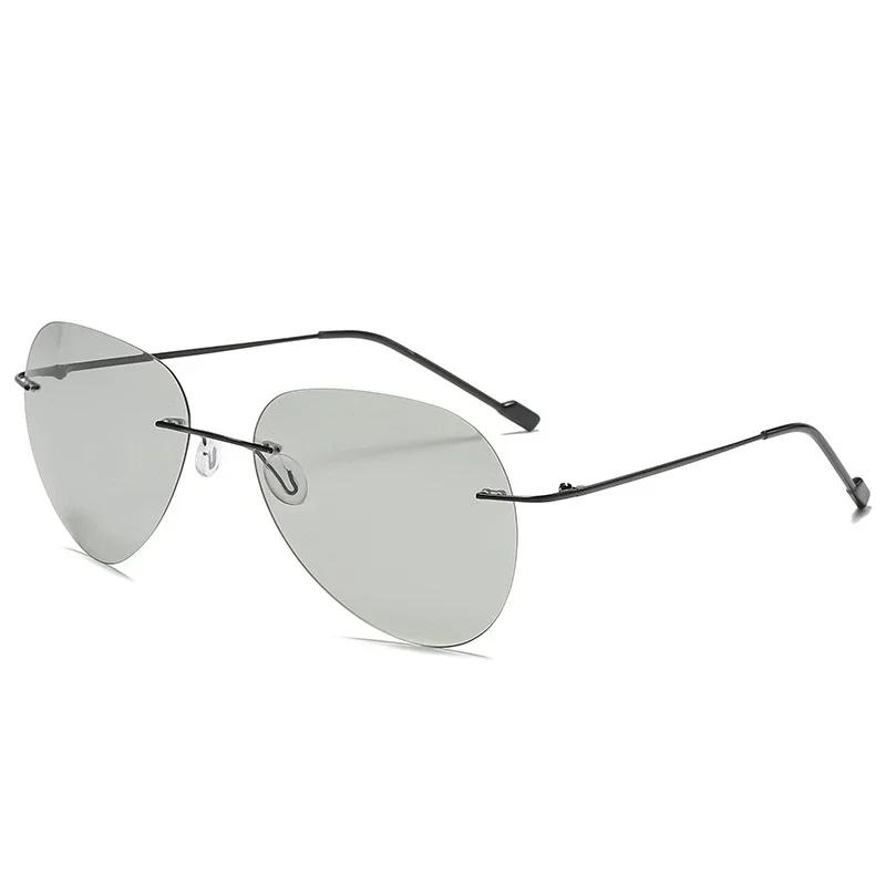 Men Ultralight Titanium Polarized Photochromic Lens Sunglasses Rimless Aviation Style Design Night Vision Glasses
