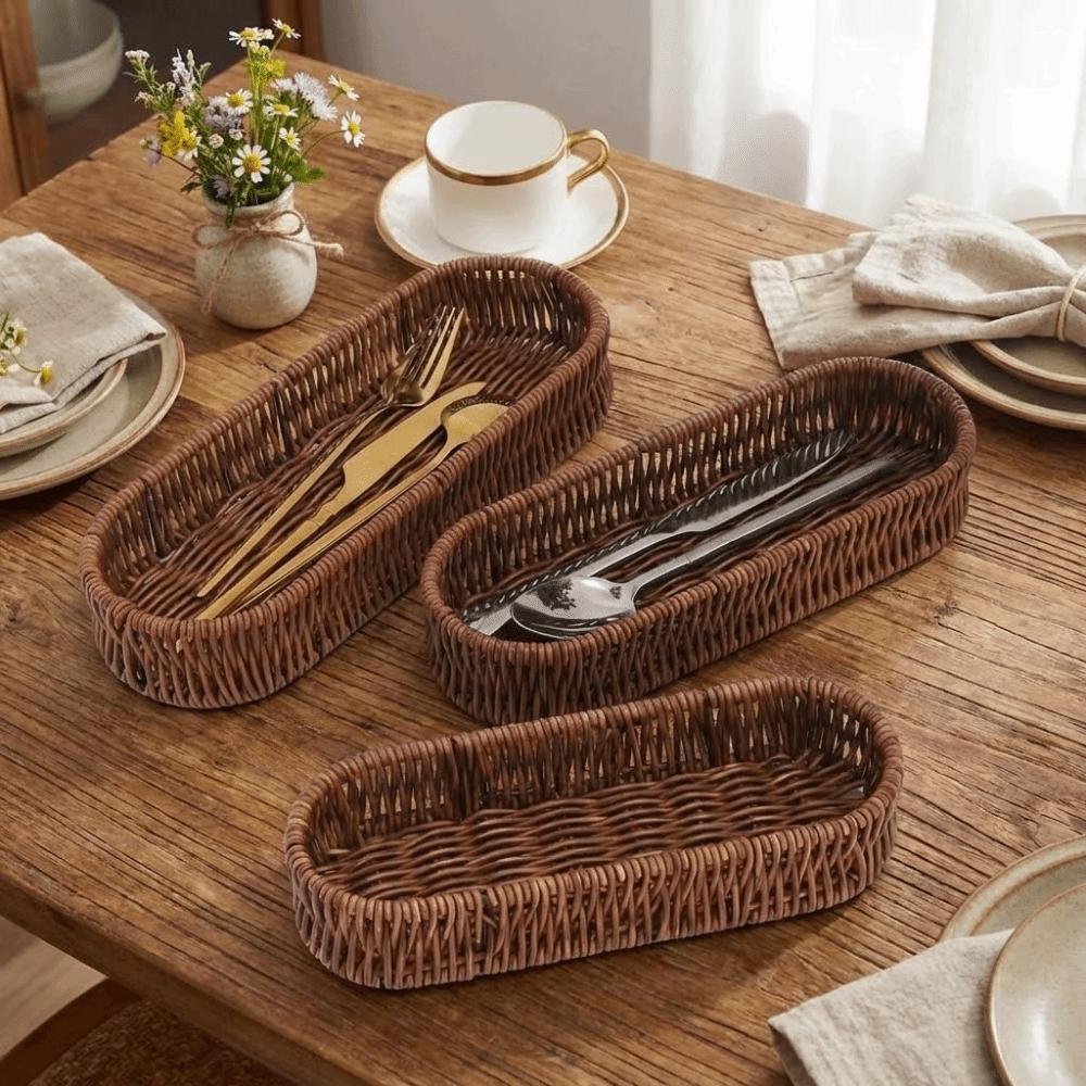 Retro Tableware Storage Basket Minimalist Desk Shelf Baskets Faux Wicker Tray Kitchen Utensils