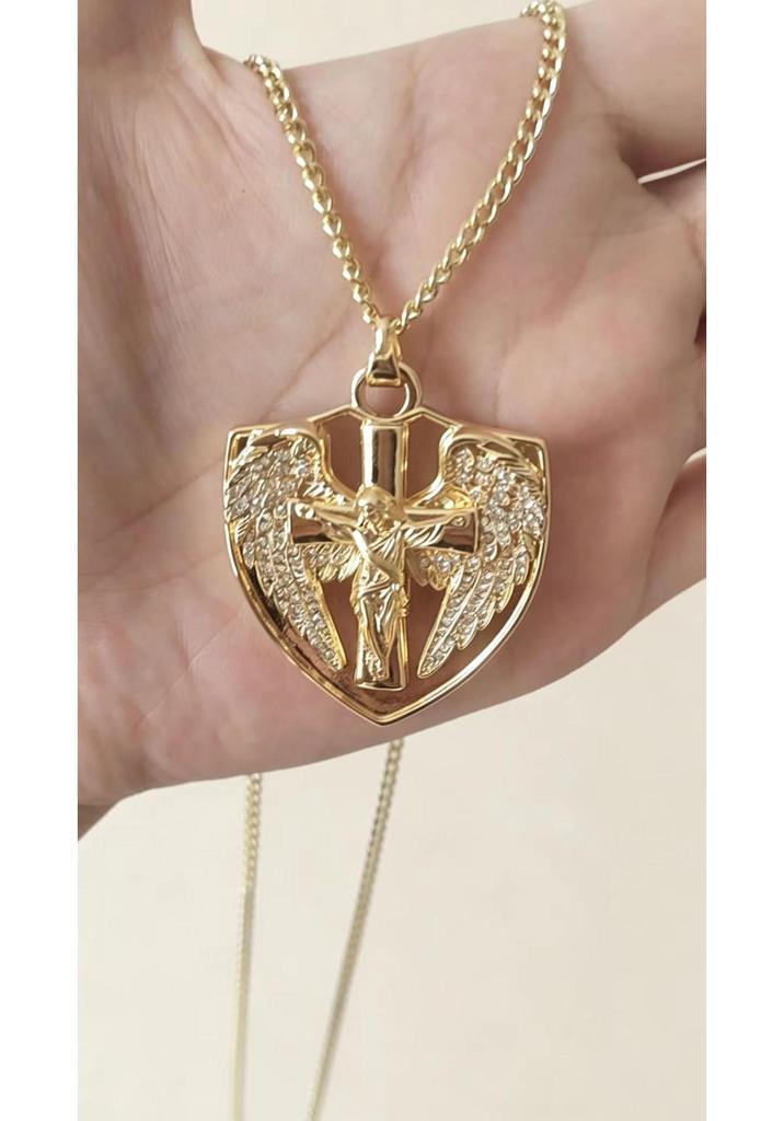 European & American Rhinestone Angel Wing Shield Pendant Hip Hop Necklace Jewelry