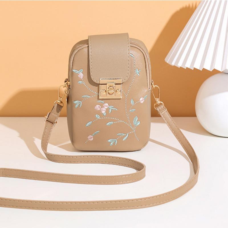 Embroidered Lock Single Shoulder Vertical Small Square Bag Messenger Bag Simple Mobile Phone Bag Girls Mouth Red Envelope