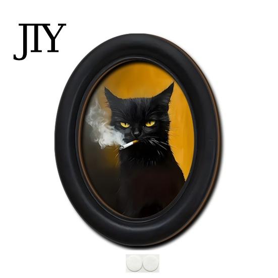 Modern Wood Wall Decoration Abstract Art Cat Decor, Oval 2D Framed Funny Painting Contemporary Birch Print, Vintage Ornament for Living Room