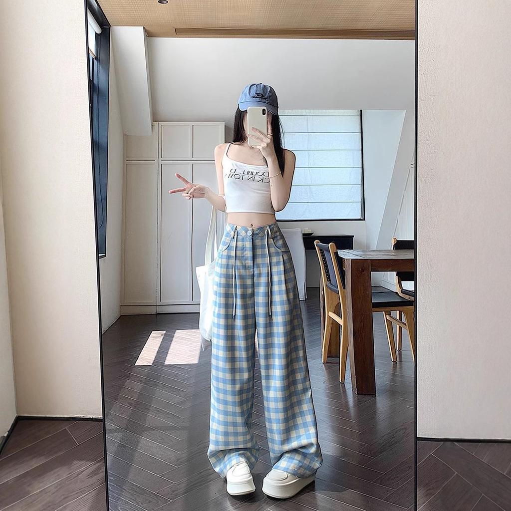 Blue Plaid Lazy Casual Pants for Women In Spring and Summer New Large Size Loose Slimming Design Straight Wide-leg Pants