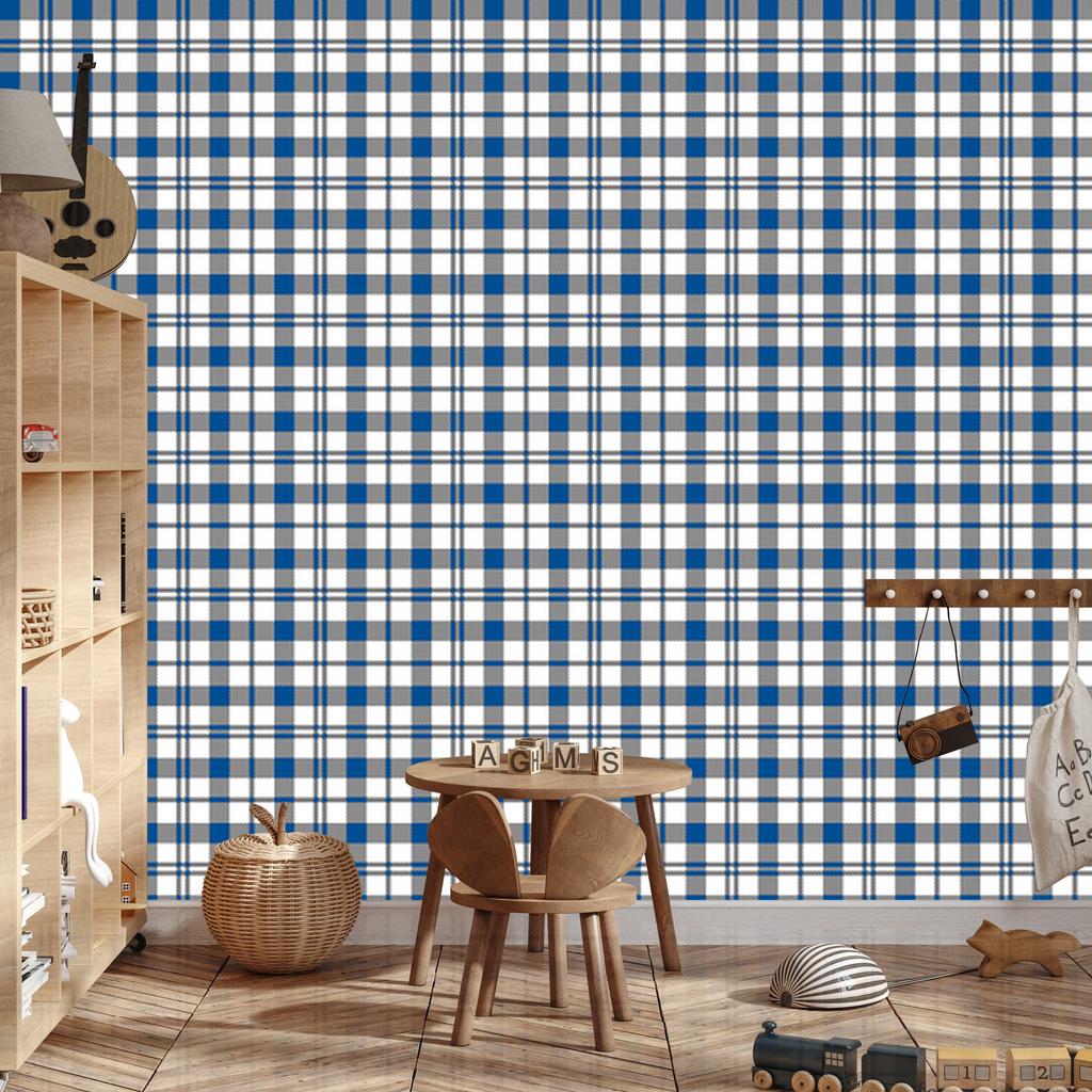 Blue Checkered Wallpaper, Blue, Gray and Light Gray, 50x1000