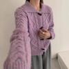 Retro Lapel Horn Buckle Twist Knitted Cardigan Women's Autumn and Winter New Loose and Thin Soft Waxy Sweater Jacket