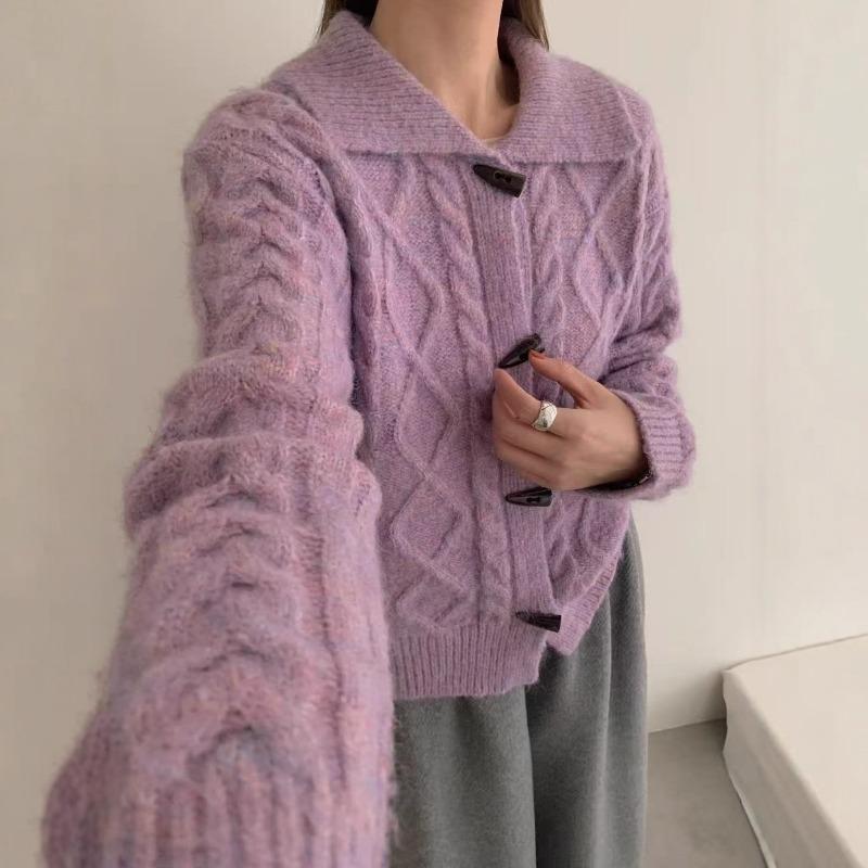 Retro Lapel Horn Buckle Twist Knitted Cardigan Women's Autumn and Winter New Loose and Thin Soft Waxy Sweater Jacket