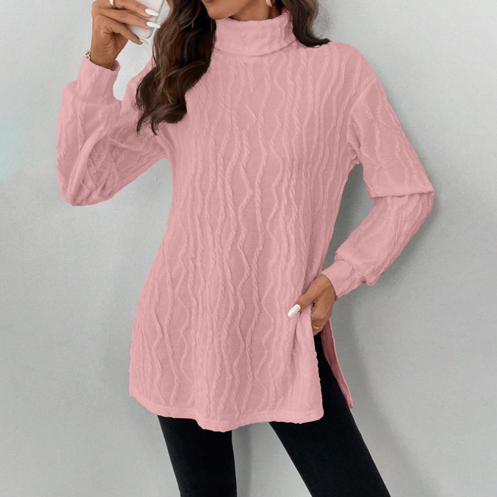 Damen Casual Halbhoher Kragen Elastisches Basic-Shirt Langärmeliges Unifarbenes Oberteil