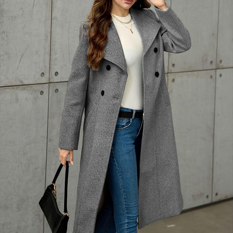 Damen Langer Wollmischmantel Übergroß Übergröße Trenchcoat Stil Winter Oberbekleidung Grau Blau
