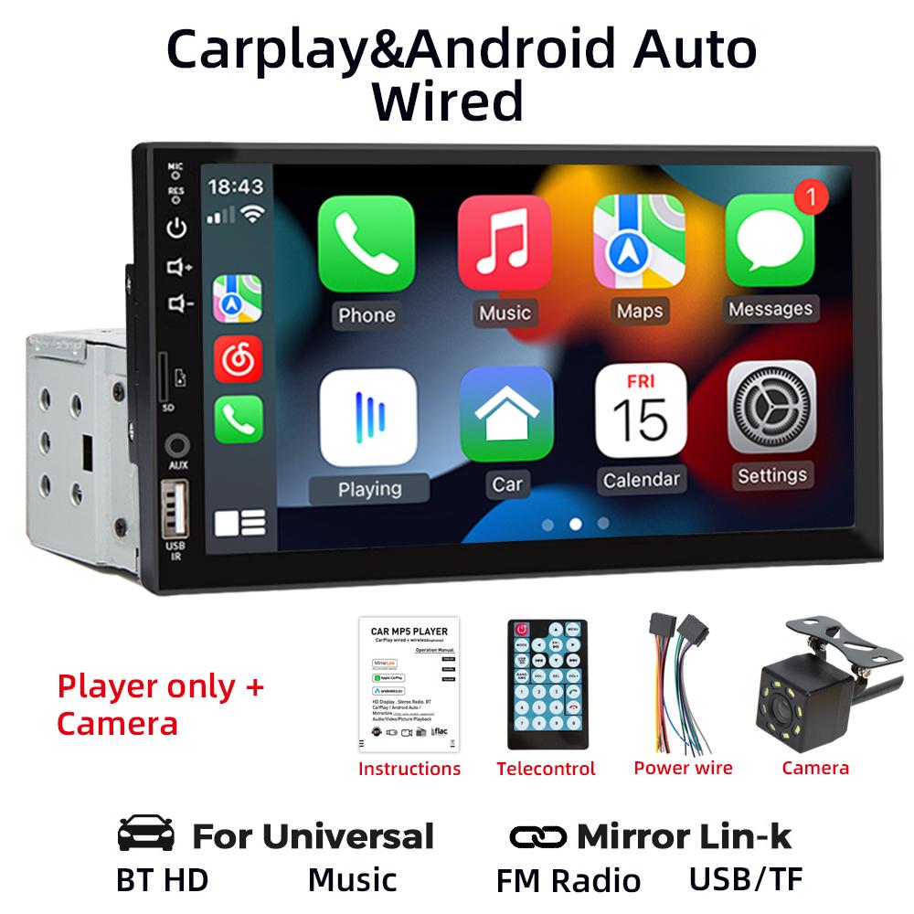 HIPPBQCC Car Radio 7" 1 Din Carplay Android Auto Multimedia Player HD Touch Screen FM AUX Input Bluetooth MirrorLink Universal