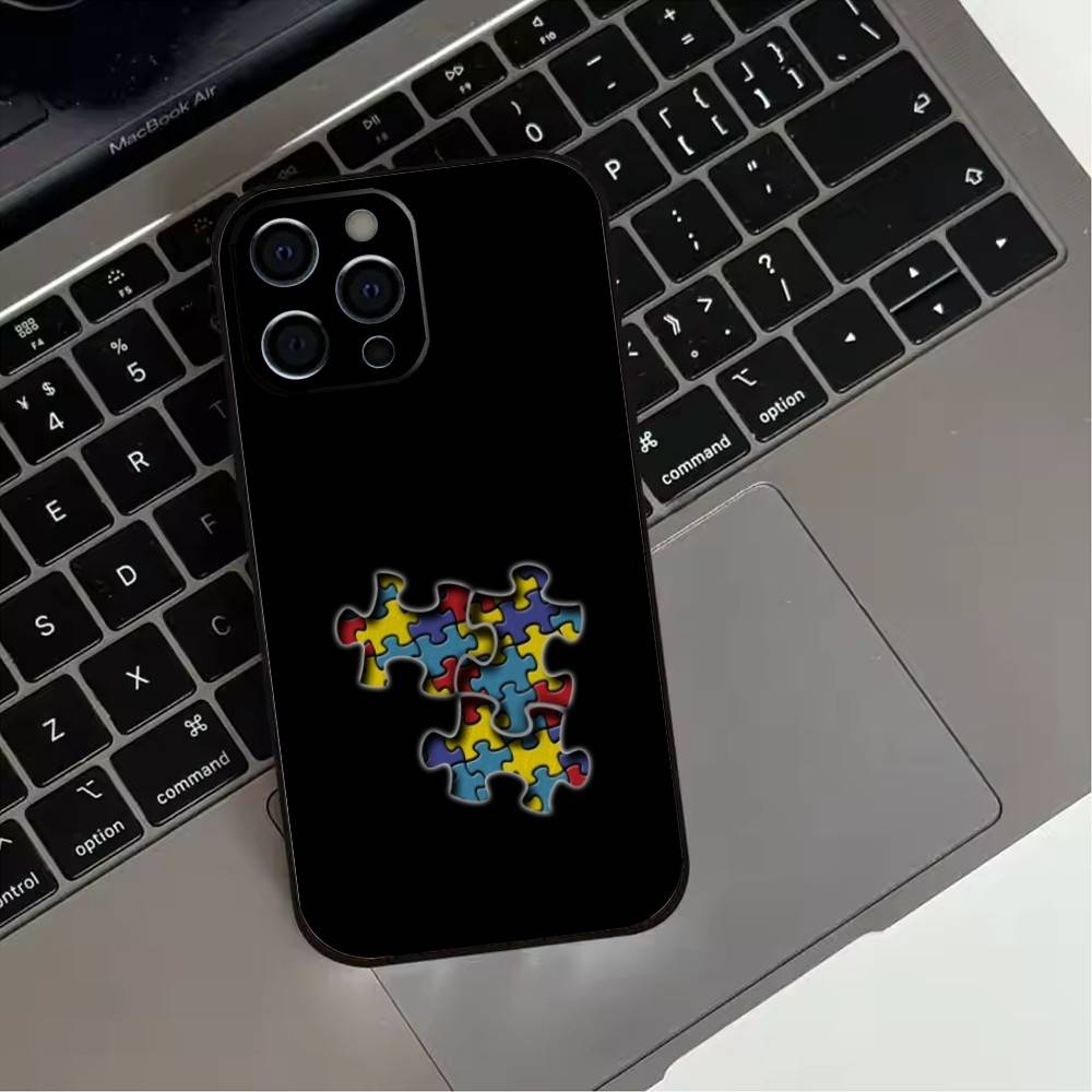 Puzzle Art Support Autism Phone Case For iPhone 17,16,15,14,13,12,11 Plus,Pro Max,XS,Soft Silicone Black Cover