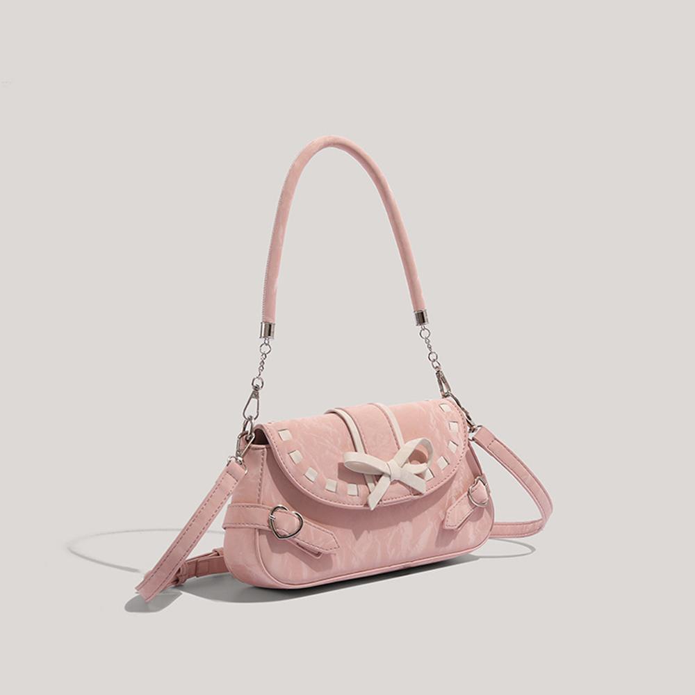 Pink White Ctrast Soft Leather Handbag PU Crossbody Bow Decorated Underarm Purse Sweet Style Women Pack Fashi Daily Bag