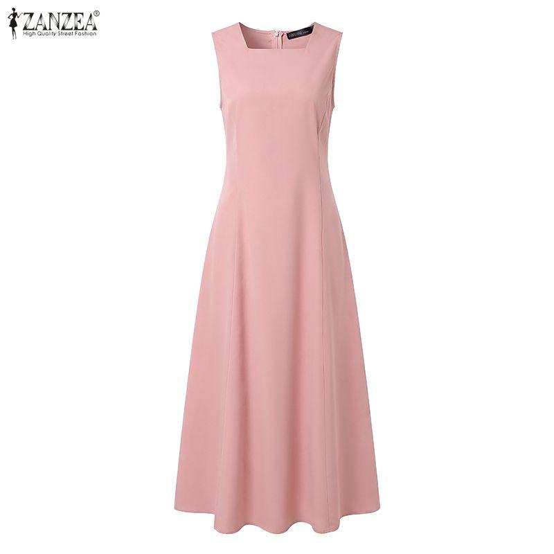 ZANZEA Damen Lässig Rundhals Sommer Ärmelloses Kleid