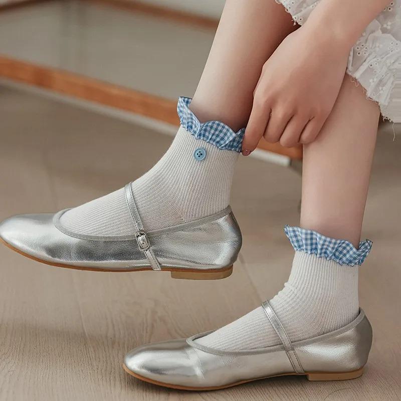 Plaid Ruffle Socks Women Japanese Fashion Black White Gray Short Socks Cotton Breathable Sweet Girl Lolita Kawaii Low Tube Socks