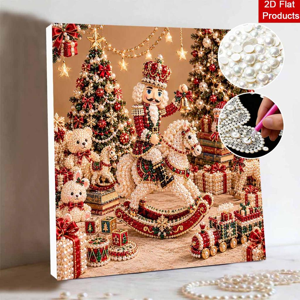 5D Pearl Painting Kit Framed with Christmas Nutcracker on Rocking Horse Design Sparkling Bead Art Canvas DIY Relaxing Craft for Wall Decor Gift