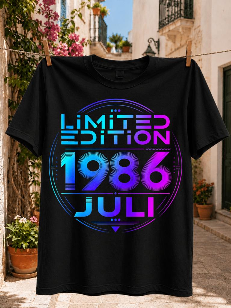 Limited Edition 1986 Juli Neon Blue Purple Pink Circular Birthday Typography Retro Futuristic Unisex All TShirt