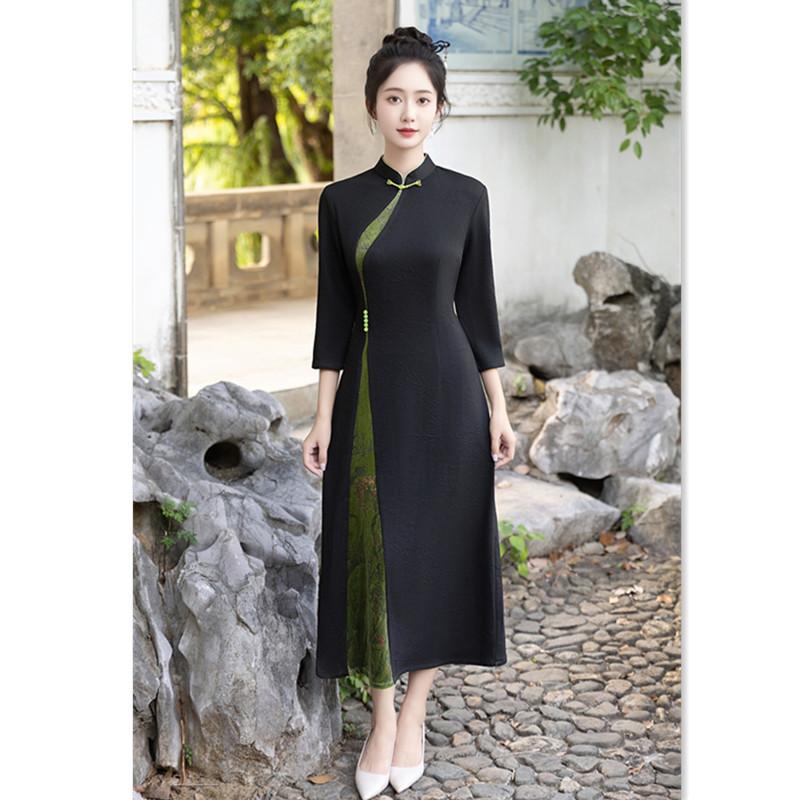Ai Qi embroidery fashion improvement new Chinese long seven-quarter sleeve cheongsam big swing skirt autumn new daily wear
