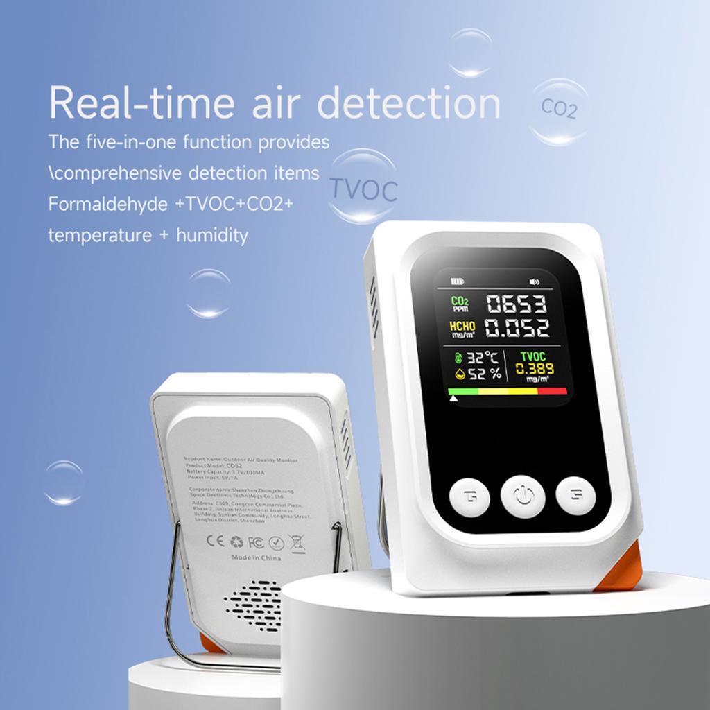 5 in 1 Portable   Quality Monitor Detects TVOC CO2 Temperature Humidity with HD Screen Built-in Battery for Indoor Outdoor Use