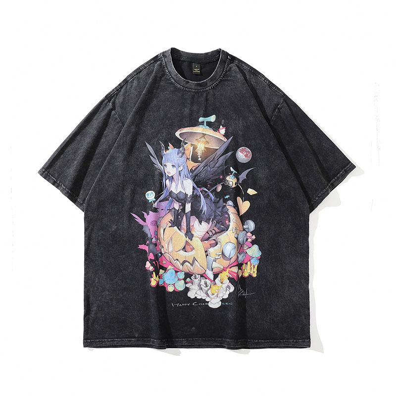 Harajuku Japanisch Y2K Spice Girls Anime Bedrucktes Gewaschenes Altes Kurzarm-T-Shirt Herren- Und Damen-Retro Guochao Marke T-Shirt