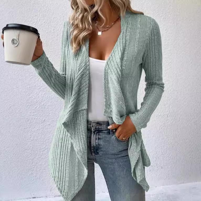 2026 Autumn/Winter Solid Color Ribbed Knit Cardigan - Open Front, Long Sleeve, Casual Women's Sweater
