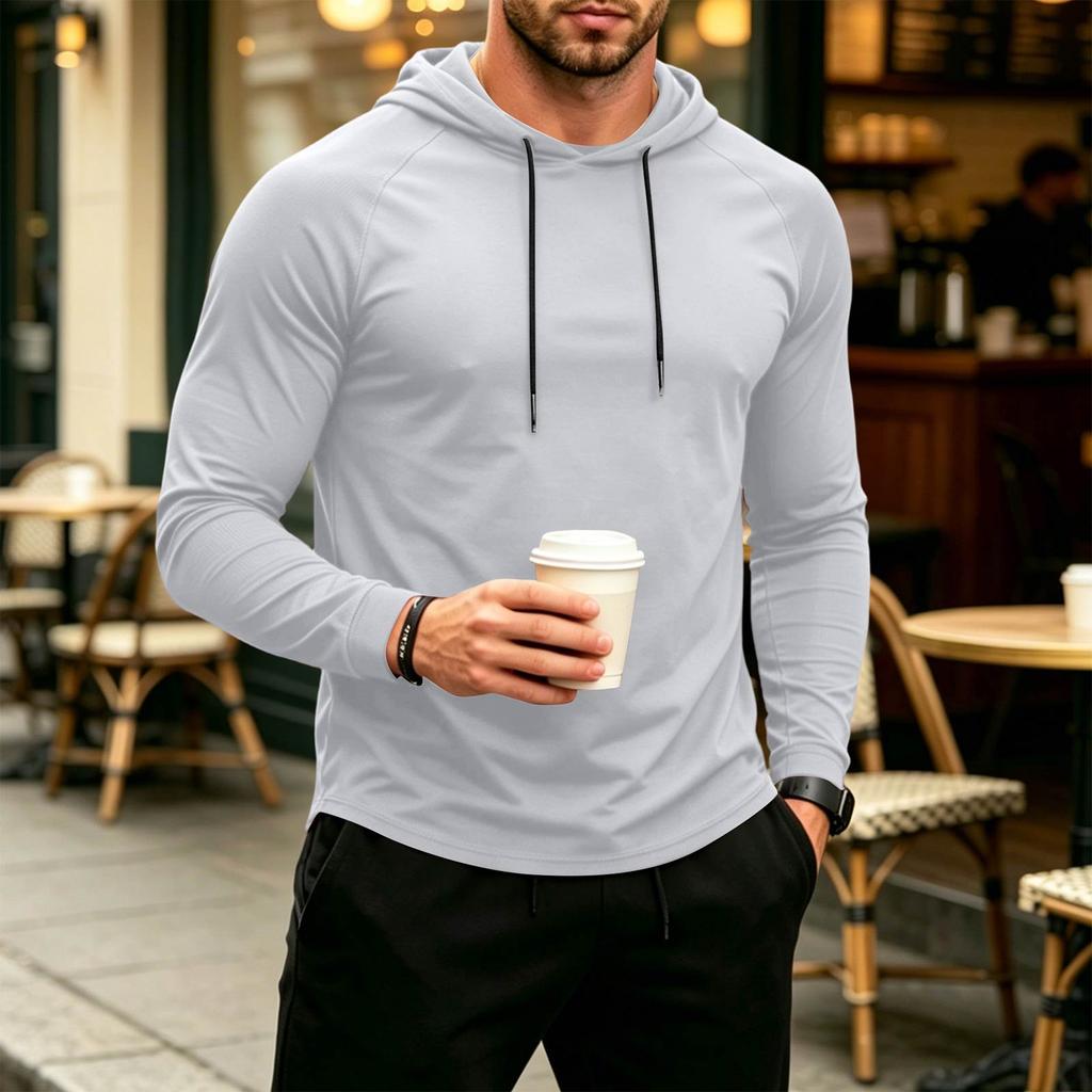 Men's Casual Breathable Hooded Sun Protection Long Sleeve Shirt Lightweight Athletic Pullover with Adjustable Drawstring Hood for Outdoor Activities