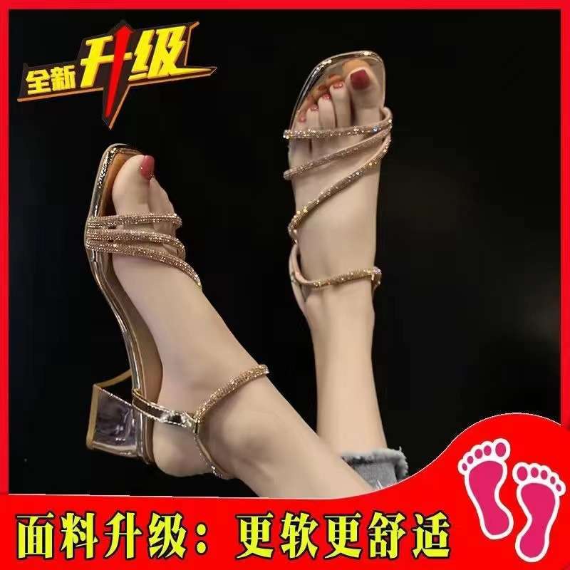 Rhinestone sandals women's thick heel 2025 new summer versatile square head fairy style with skirt high women's sandals