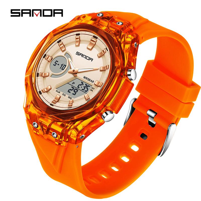 Sanda Student Dual Display Transparent Case Multifunction Waterproof Sports Watch