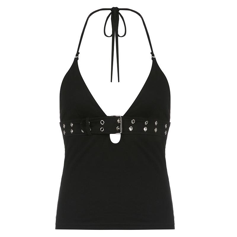 European and American Style Japanese Buckle Halter Neck Solid Color Vest for Women