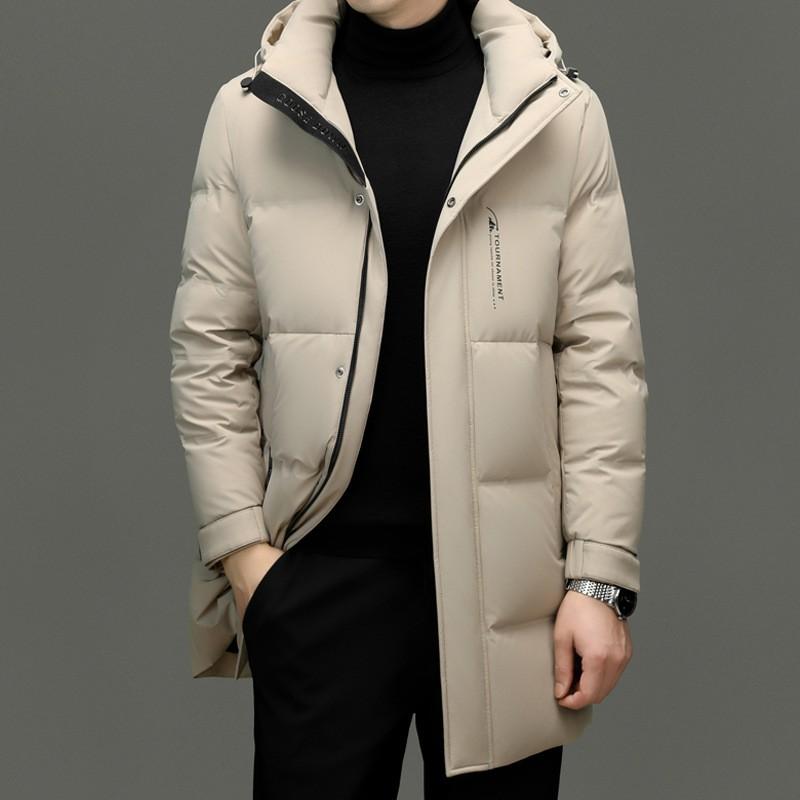 Mens Winter Down Coat 90% White Duck Mid-Length Removable Hood Casual Warm Outerwear