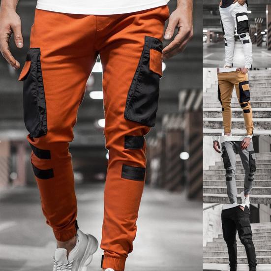 Cargo Pants Large Side Pockets Fine Texture Contrast Color Men Splicing Sports Trousers for Daily Life