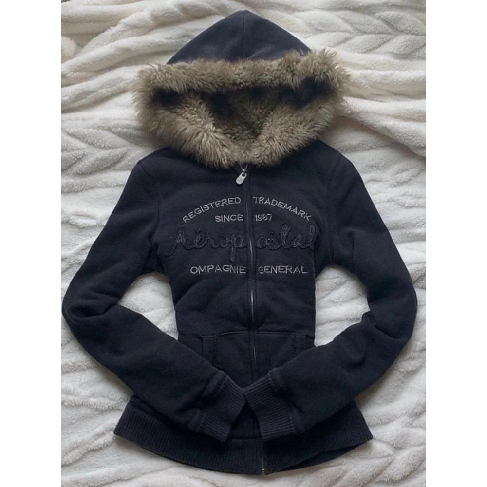 Vintage dopisový mikina s kapucí a kožešinovým límcem podzim zima na zip Y2K retro fleecová bunda Harajuku výšivka plyšová tmavá móda