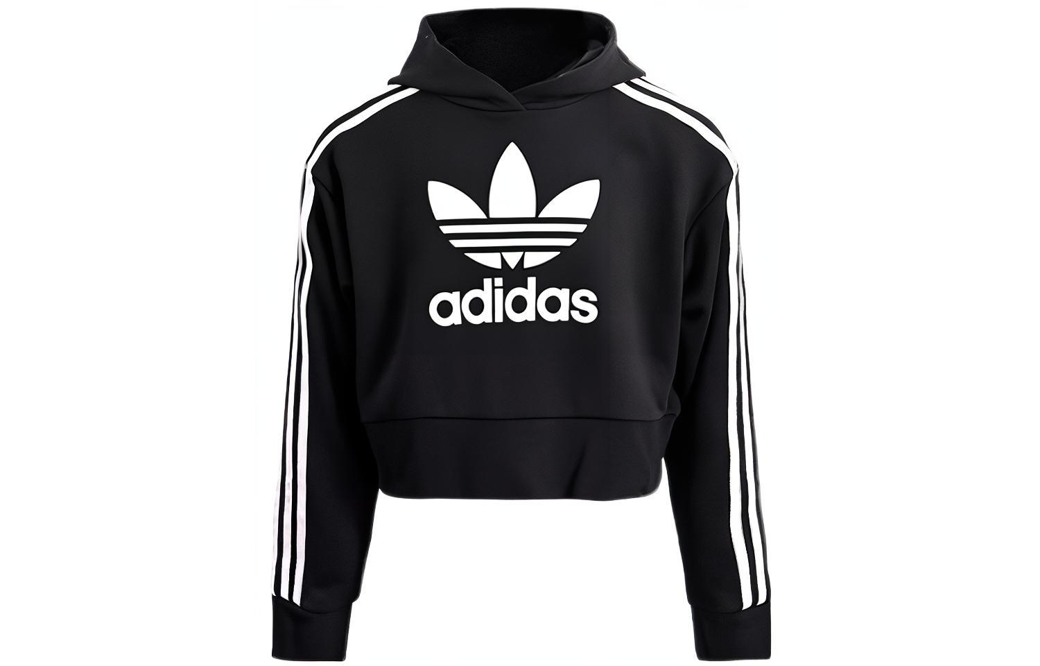 Adidas Originals Sweatshirt Trefoil Kids  Apparel Trefoil Print Fleece Lined Hooded Pullover Long Sleeved Black Kids  H32337 140