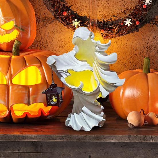 LED Witch Lantern Ornament Halloween Faceless Ghost Sculpture Holding Lantern Vintage Resin Witch Statue for Yard Patio Lawn Decor