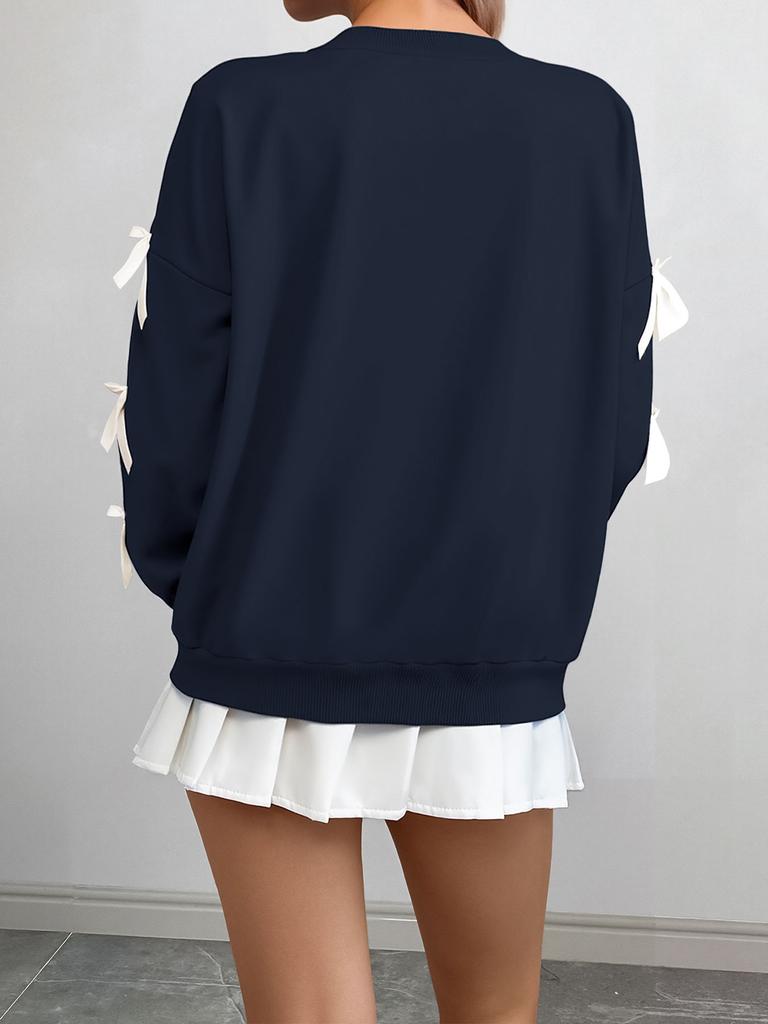 2025 Autumn Winter Women's Red Christmas Sweatshirt Sweet Style Round Neck Bowknot Pullover Top for Women