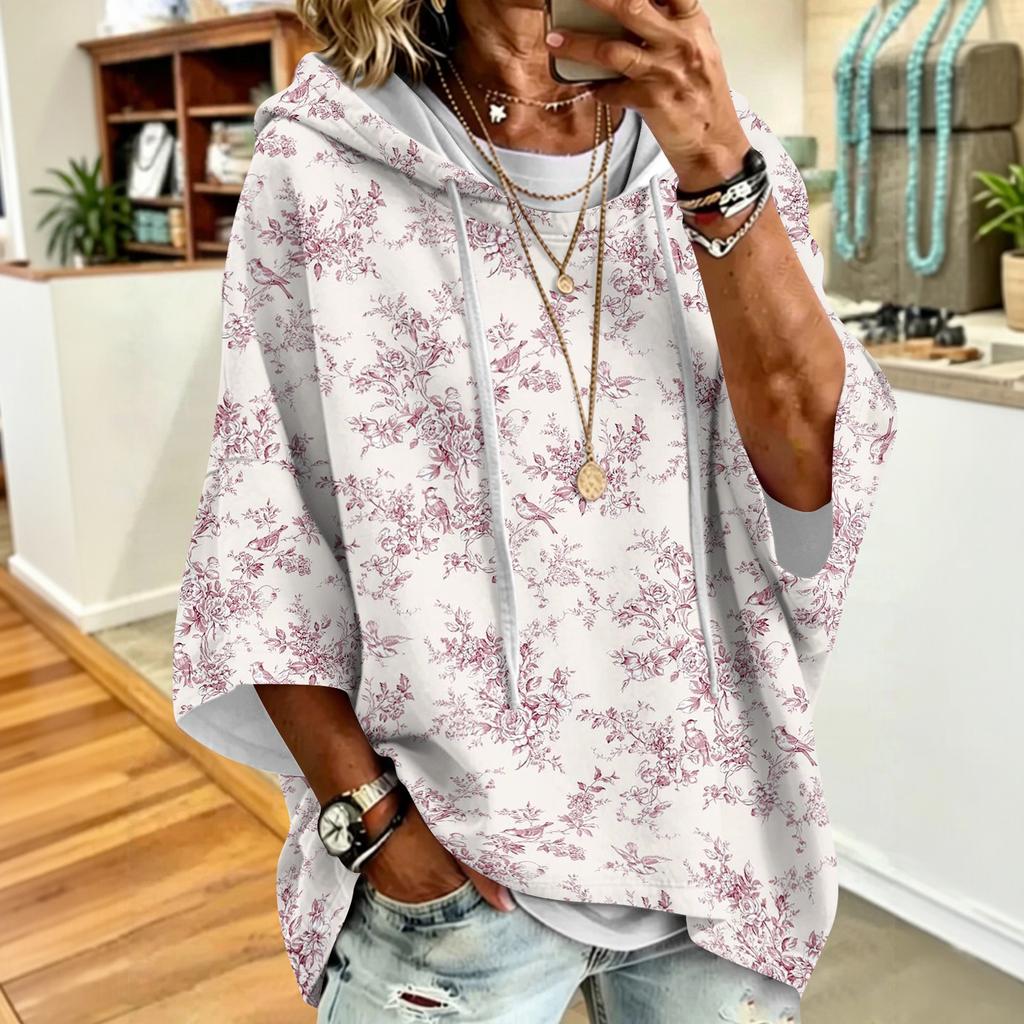 Women's Vintage Floral Print Drawstring Hoodie Loose Fit Casual Sweatshirt Top