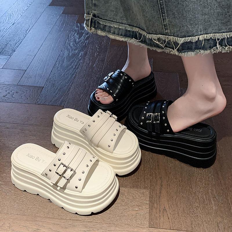 Women's Chunky Slippers 8CM Height Increasing Platform Sandals 2025Summer New Beach Slippers for Women Punk Style Casual Slipper
