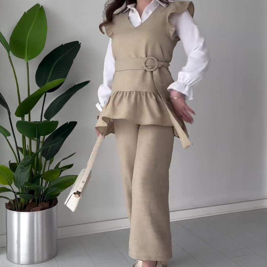 2024 Autumn Women's Solid Color Ruffle Sleeve Top & Wide Leg Pants Set
