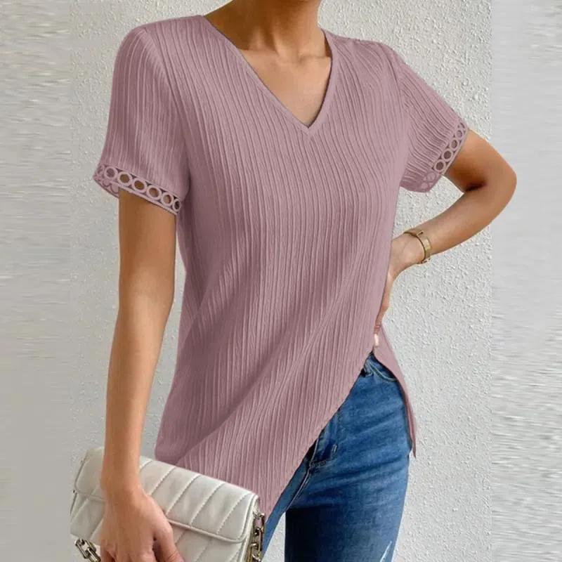 Женские летние повседневные топы с короткими рукавами и нерегулярным подолом из кружева — фото 4