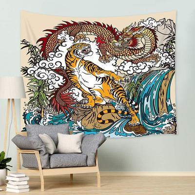 JAWO Asian Tapestry, Chinese Dragon and Tiger In The Landscape with Waterfall Wall Tapestry, Wall Art Hanging for Bedroom Living