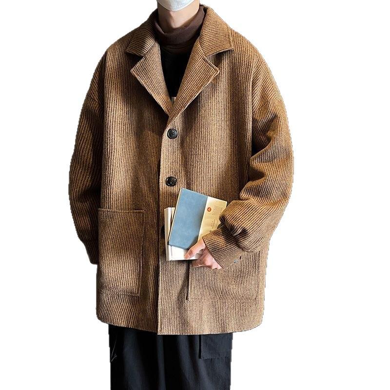 Men's Corduroy Wool Coat - Mid-Length, Loose Fit, Spring/Autumn, Hong Kong & Korean Style